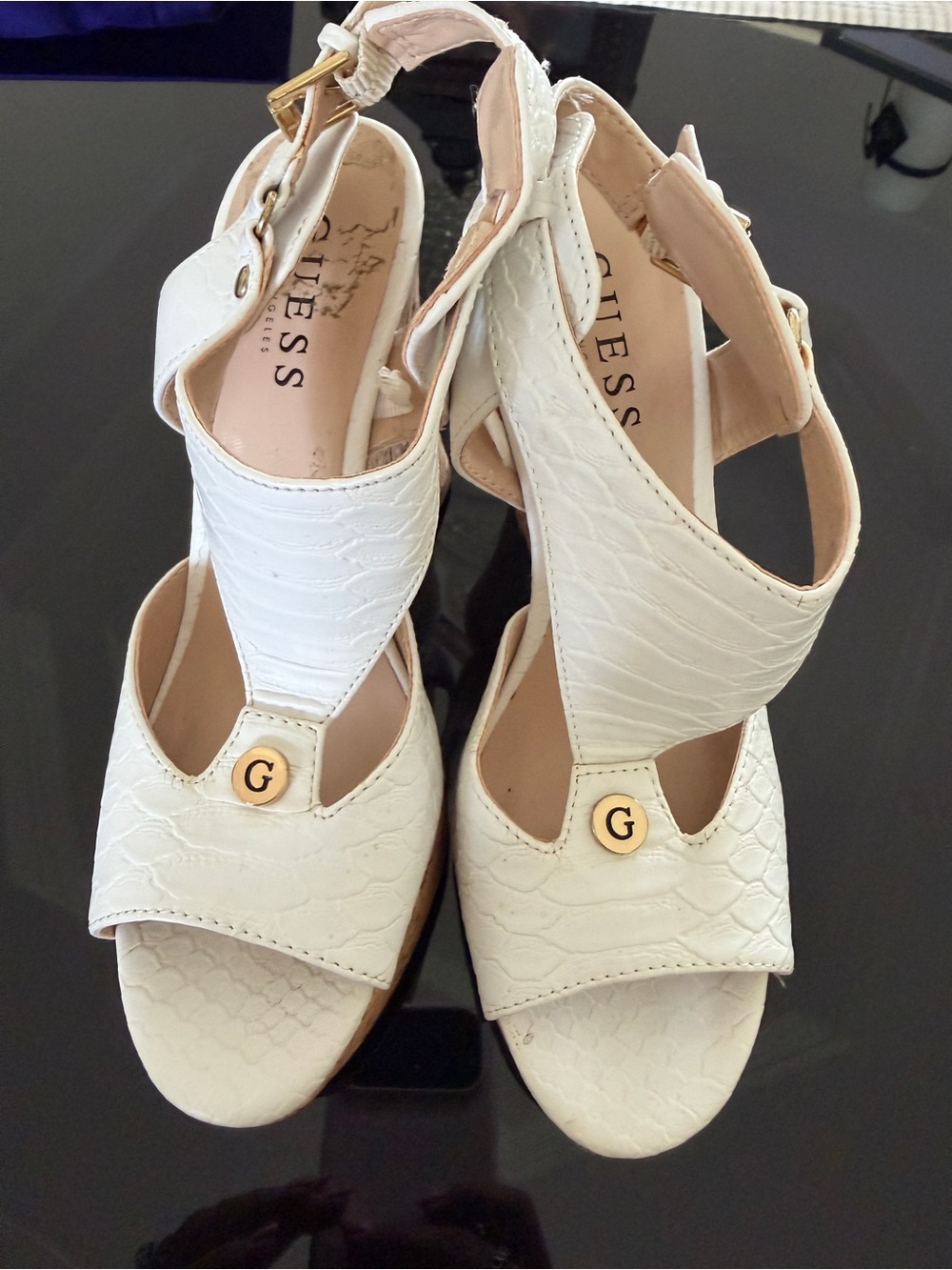 GUESS White Croc-Embossed Slingback Heels with Gold Logo